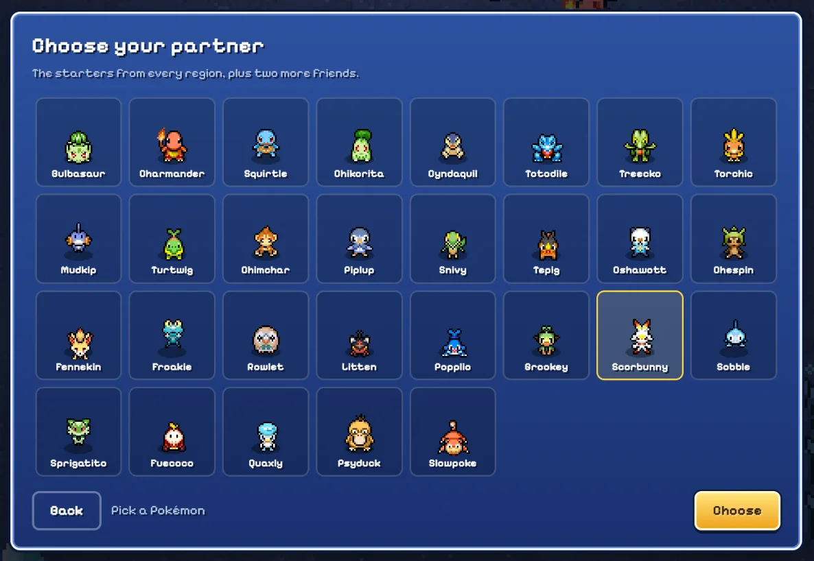 PokeSurvivor "Choose your partner" screen listing the 29 starters, from Bulbasaur to Slowpoke