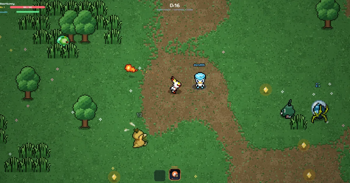 Two players in a PokeSurvivor co-op run, Scorbunny firing Ember next to a teammate's Quaxly, with the teammate's health bar in the top left