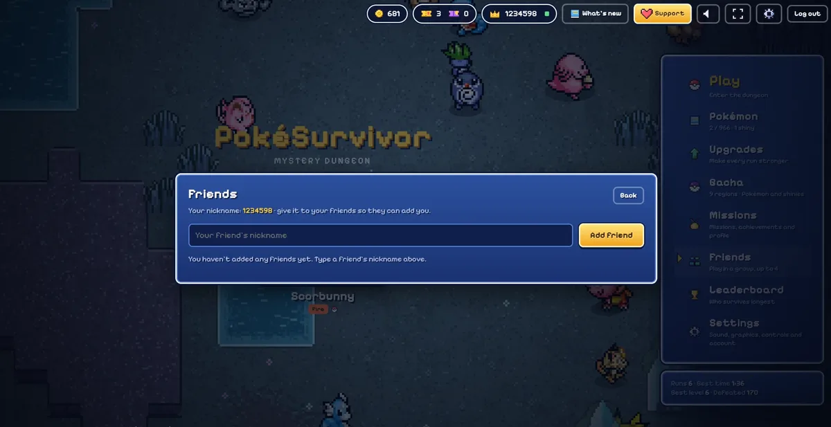 PokeSurvivor Friends screen with your nickname, a friend's nickname box and the Add friend button
