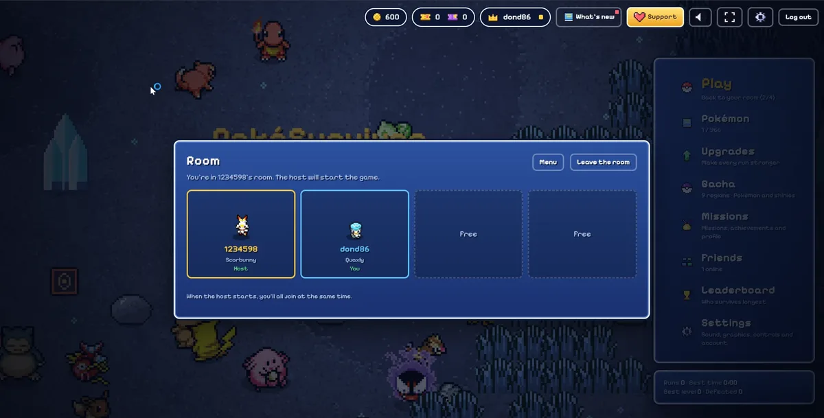 PokeSurvivor Room screen seen by a guest: the host with Scorbunny, the guest with Quaxly and two Free slots