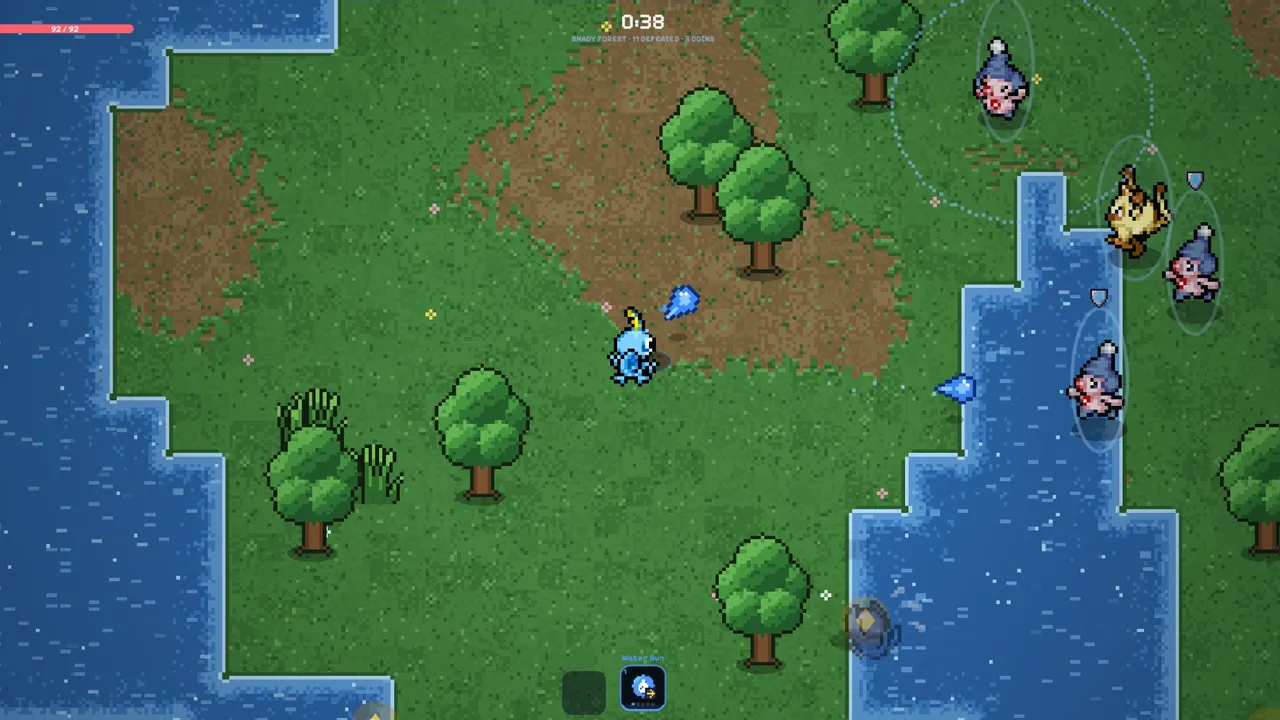PokeSurvivor gameplay: Sobble fires Water Gun at a group of enemies in Shady Forest