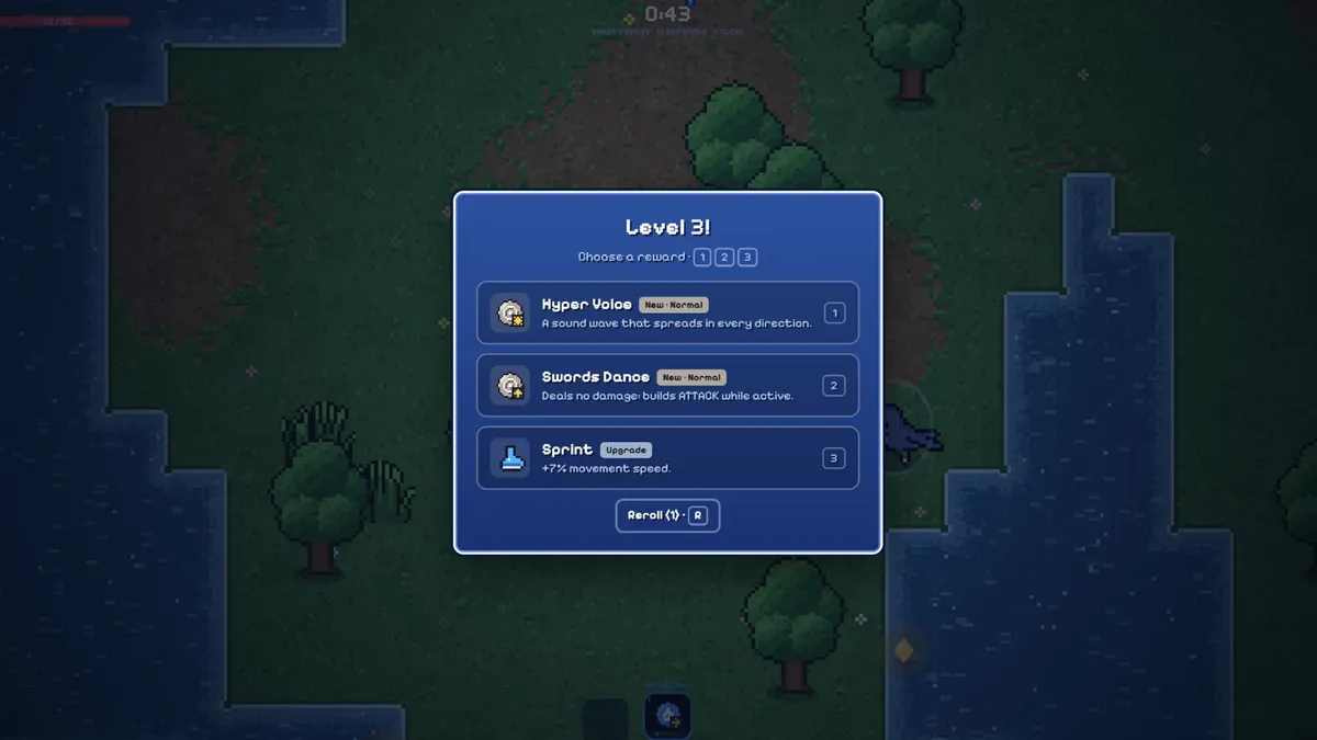 PokeSurvivor level-up screen offering three cards: Hyper Voice, Swords Dance and a Sprint upgrade