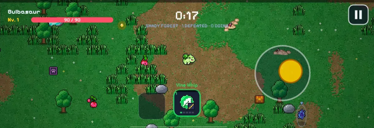 PokeSurvivor running in landscape on an Android phone, with the touch joystick, move icon and pause button