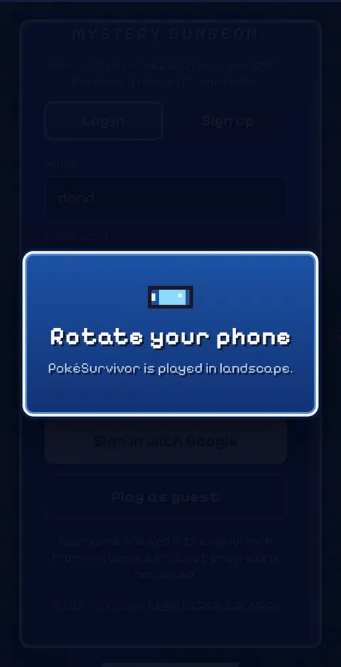 PokeSurvivor Rotate your phone prompt on an Android phone held in portrait